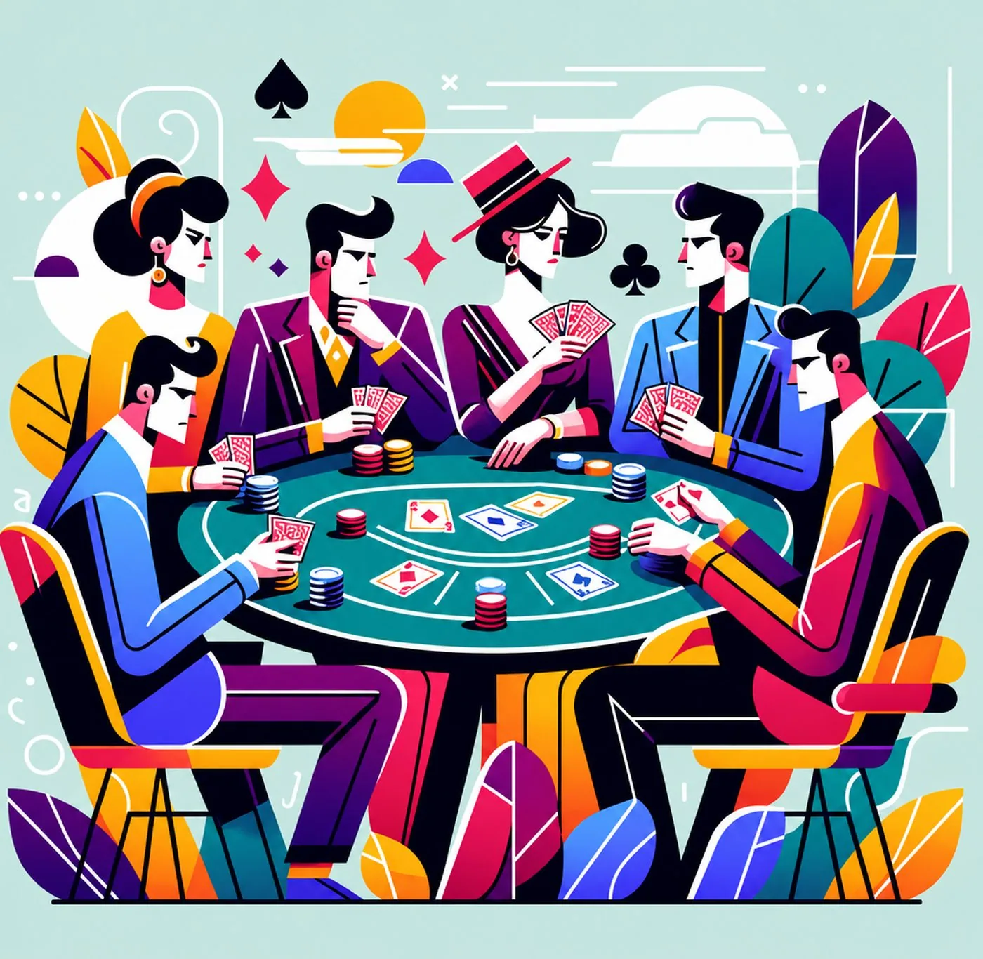 Färgglad illustration av personer som spelar poker vid ett runt spelbord
