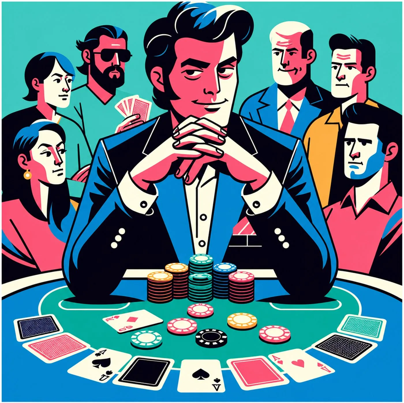 En pokerhaj sitter vid ett spelbord med marker omgiven av koncentrerade motspelare