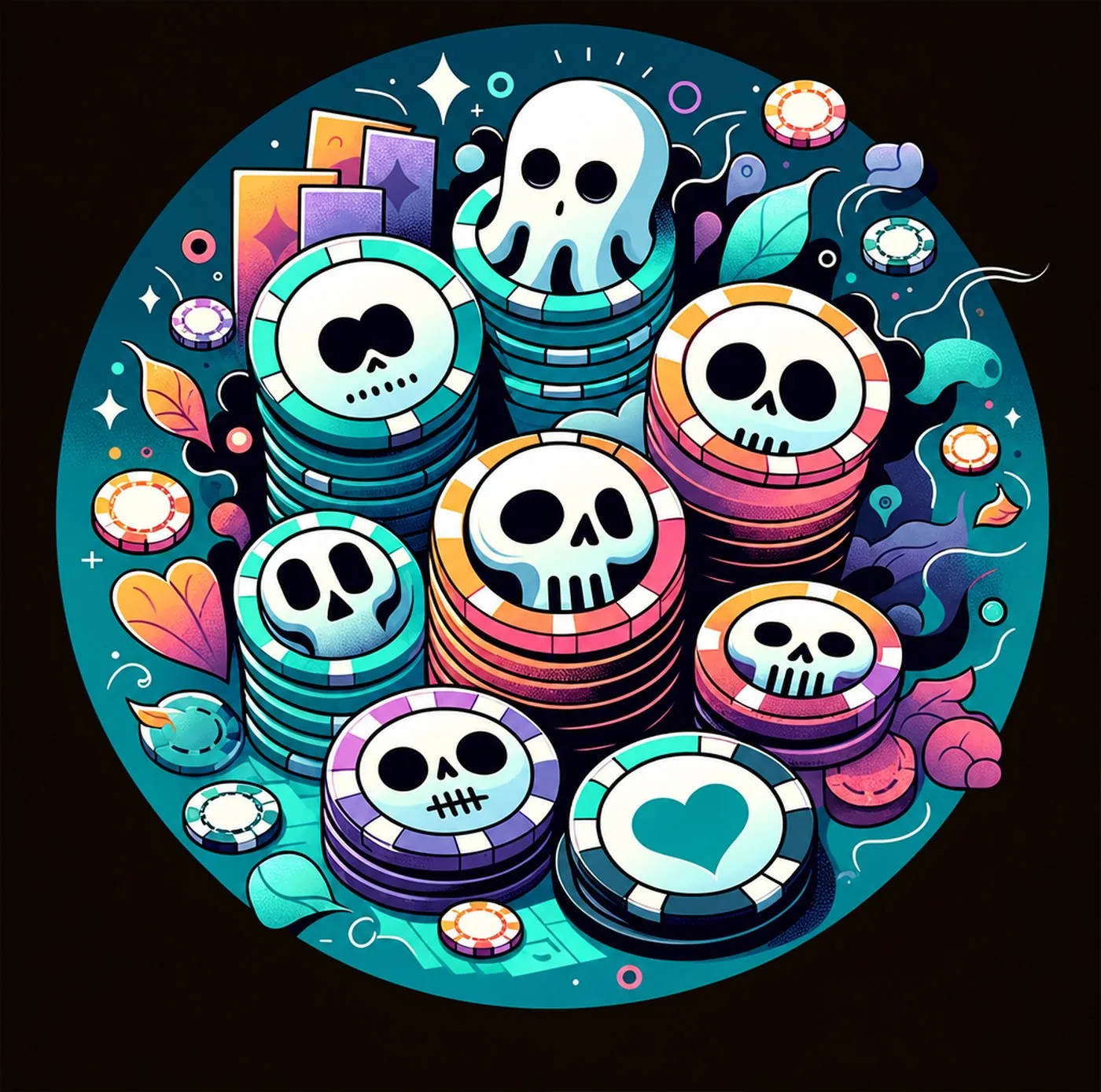 Illustration av färgglada pokerchips staplade med dödskallemotiv i rund komposition