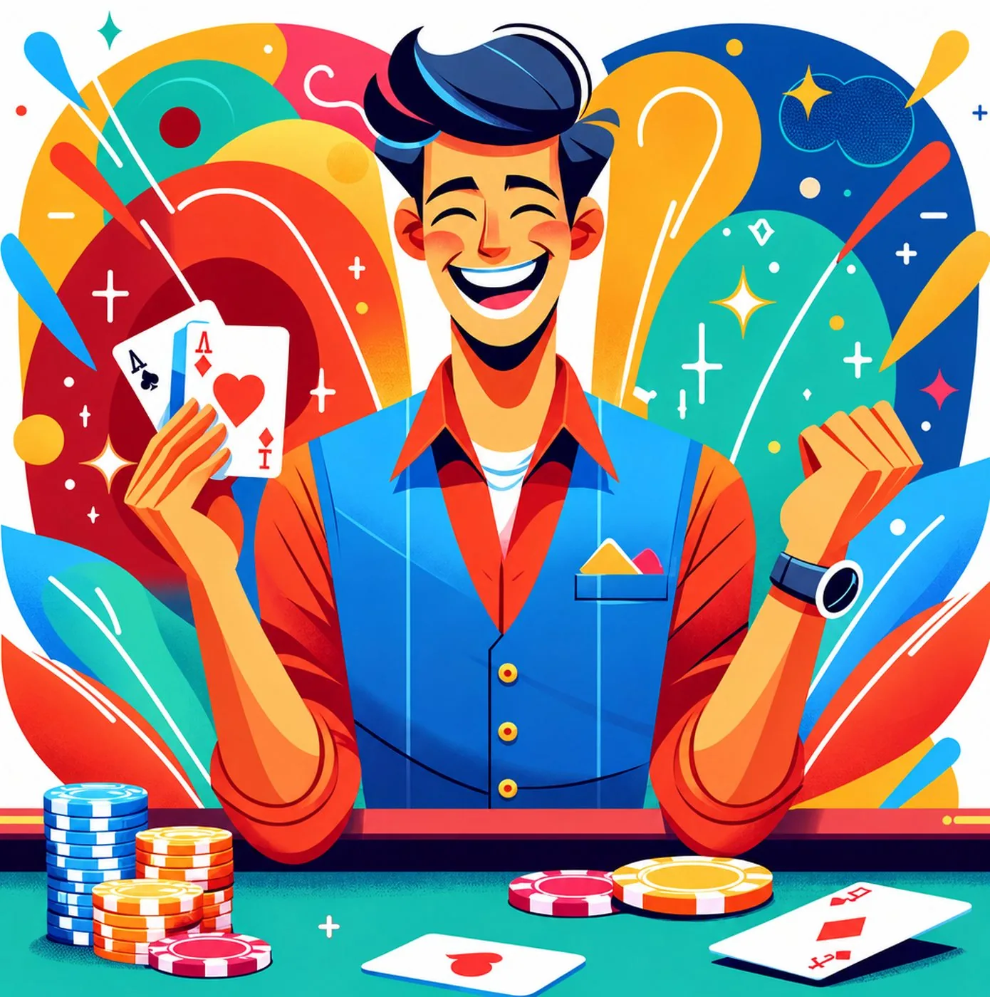 Glad pokerspelare med spelkort och marker på ett bord