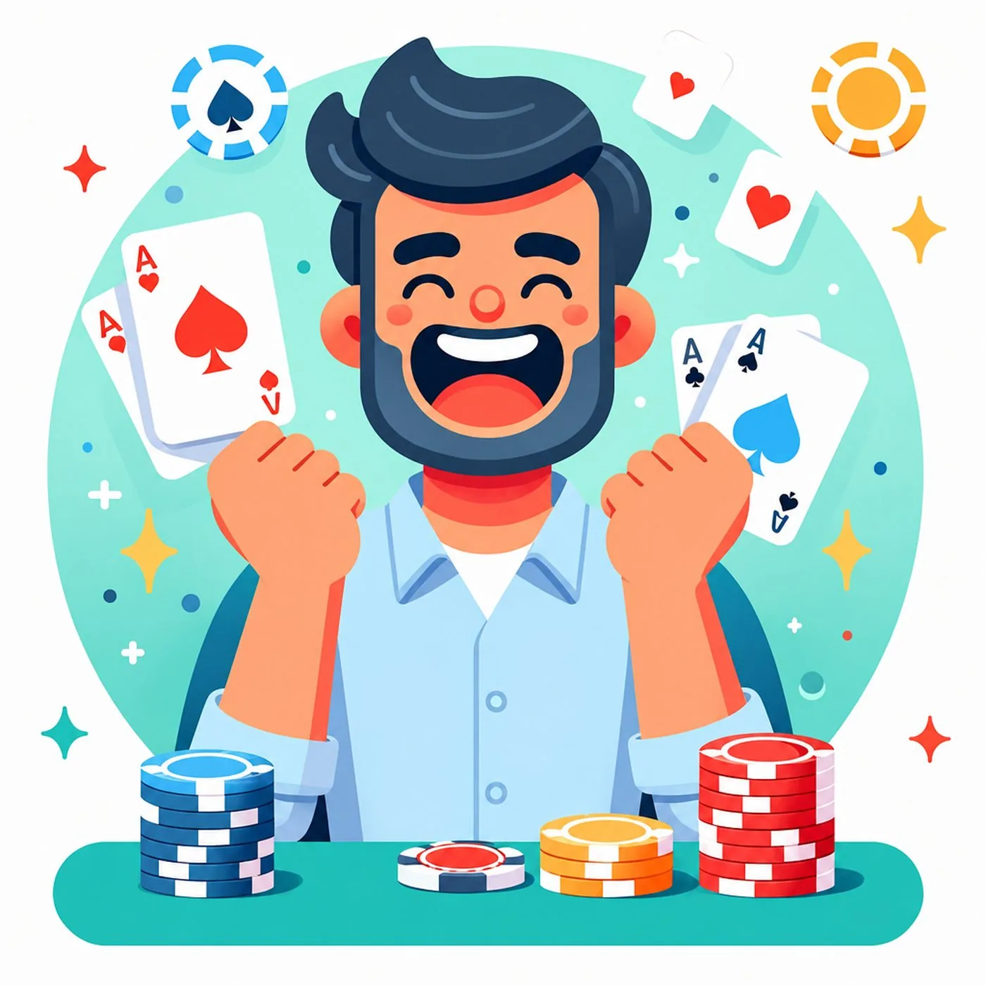 Glad man i tecknad stil som jublar över vinnande pokerhand