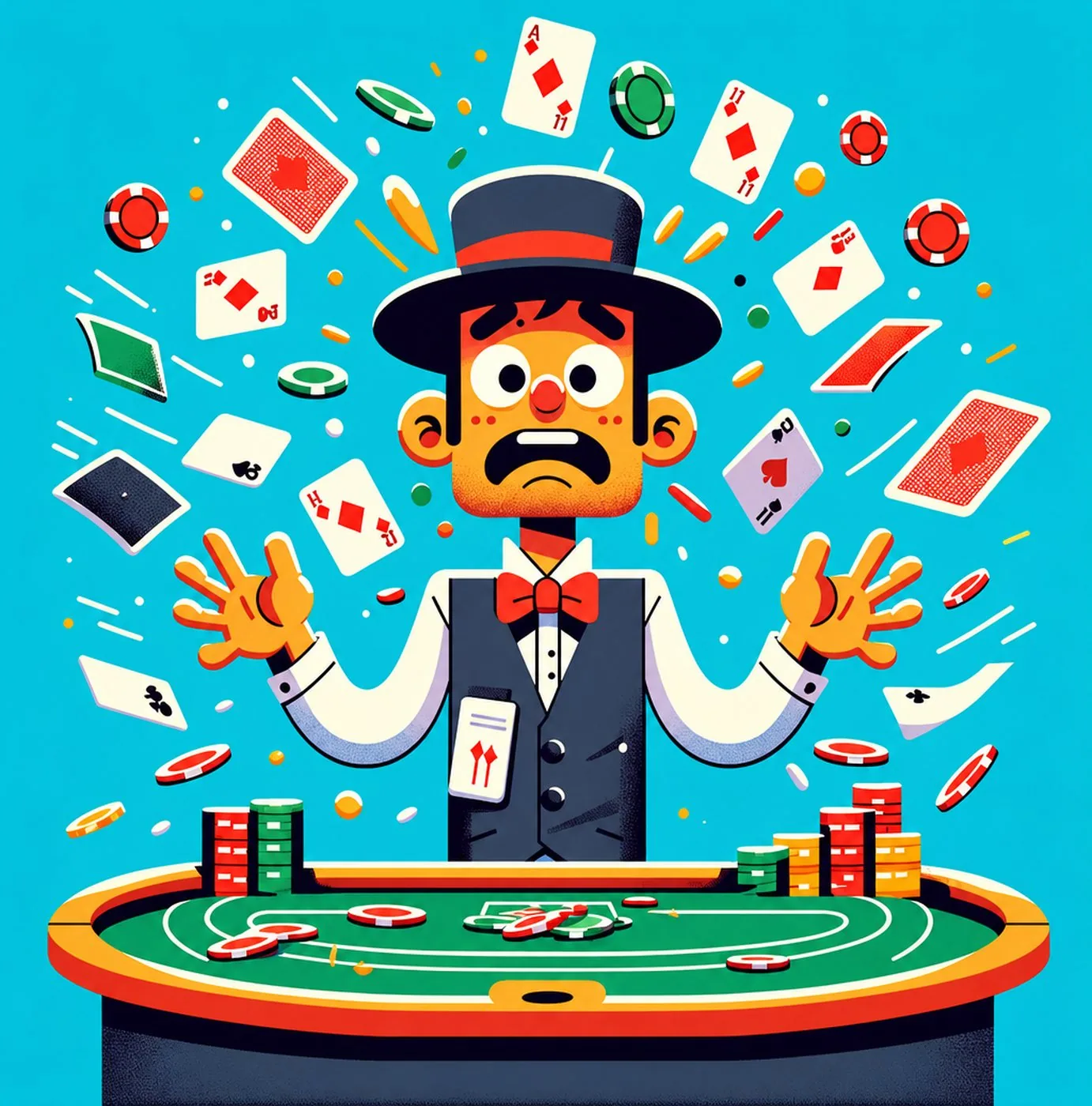 Stressad pokerdealer som råkat kasta upp spelkort och marker i luften
