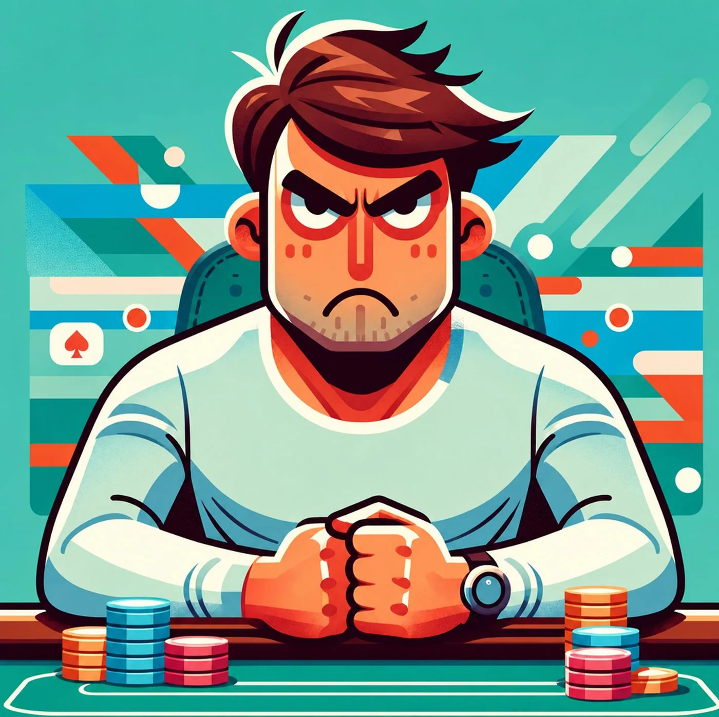En arg man med knutna nävar vid ett pokerbord med marker