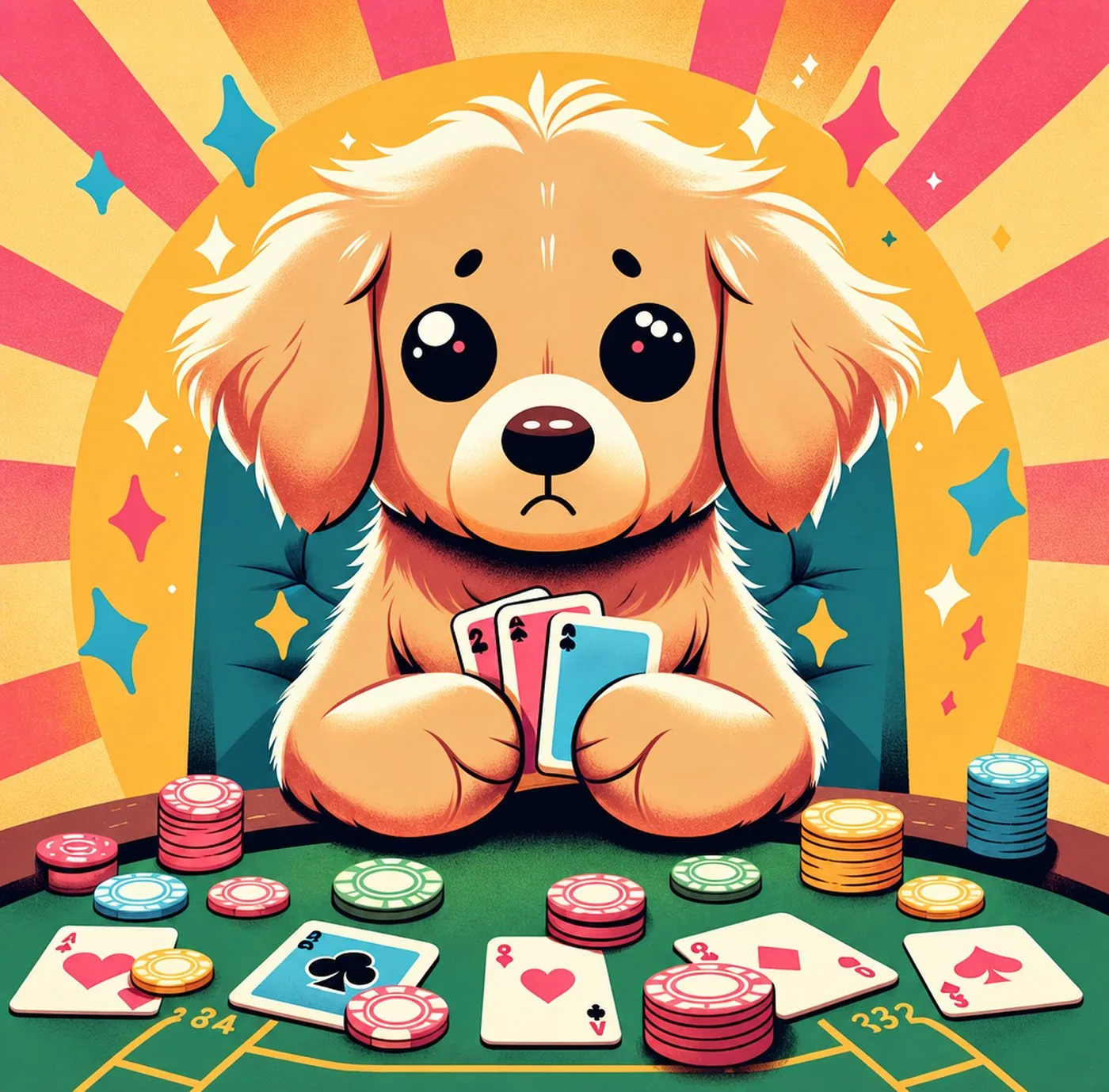 Tecknad hund med stora ögon som håller spelkort vid ett pokerbord med marker