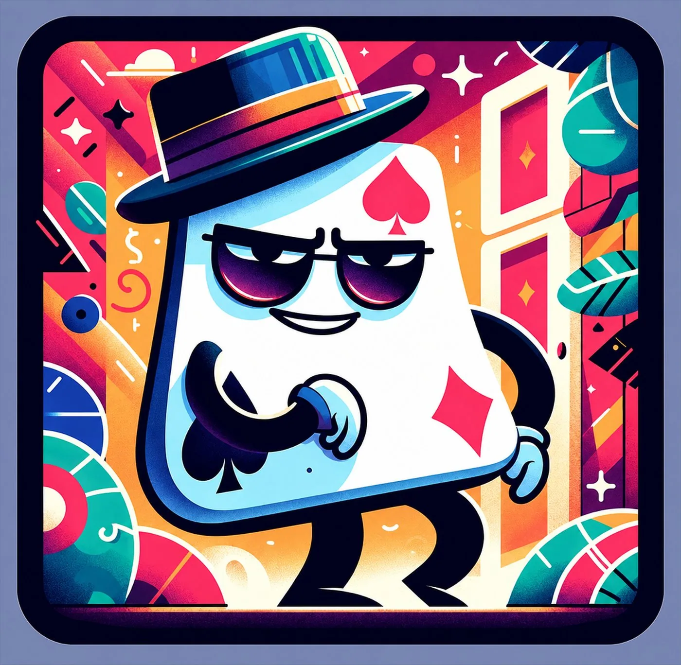 Stiliserad spelkortskaraktär med hatt och solglasögon i färgglad grafik
