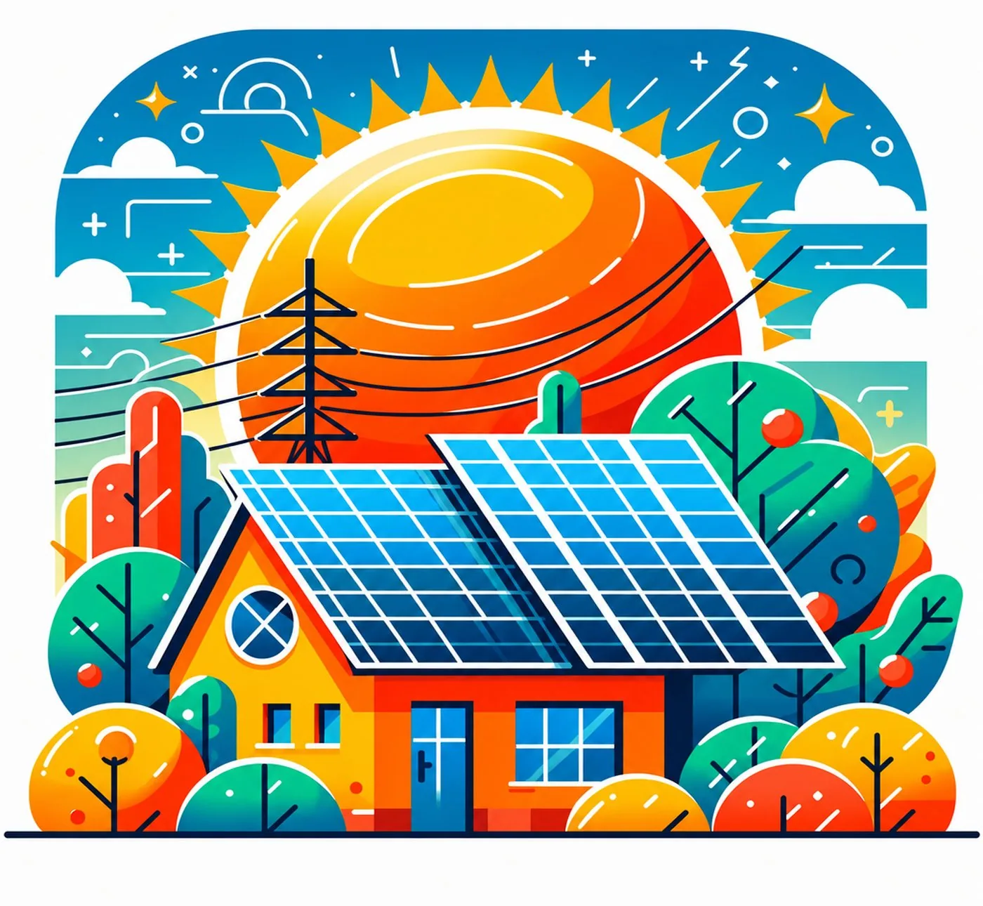 Färgstark illustration av ett hus med solpaneler under en stor skinande sol