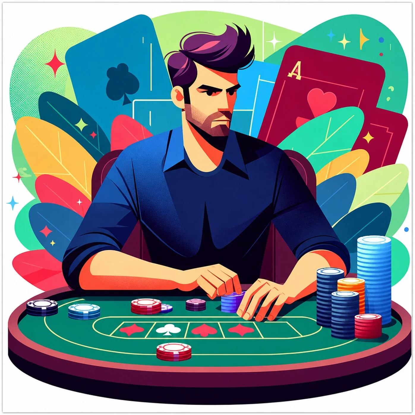 En man vid ett pokerbord som placerar insatser med spelmarker