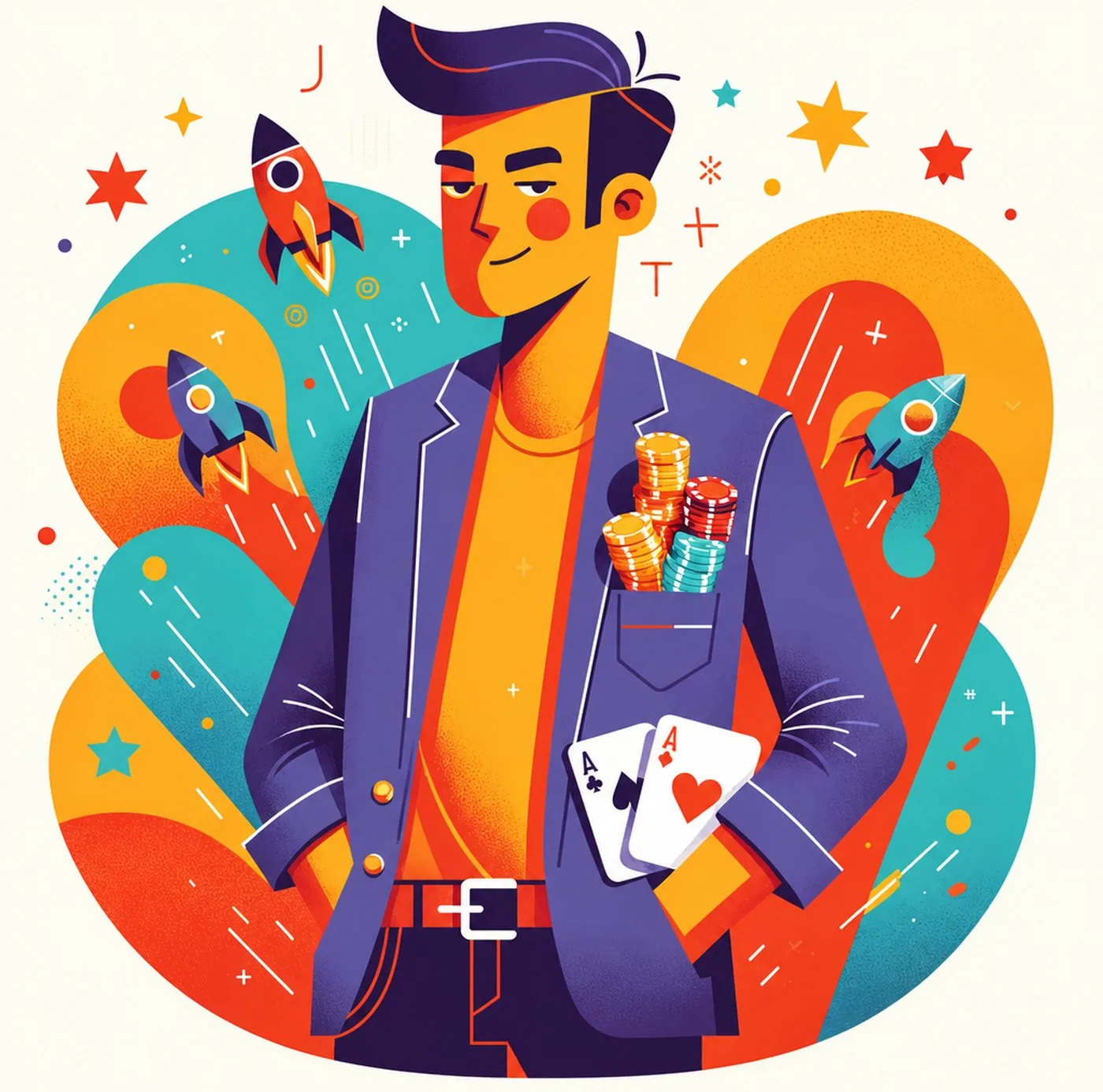 Illustration av självsäker pokerspelare med ess på hand och marker i fickan