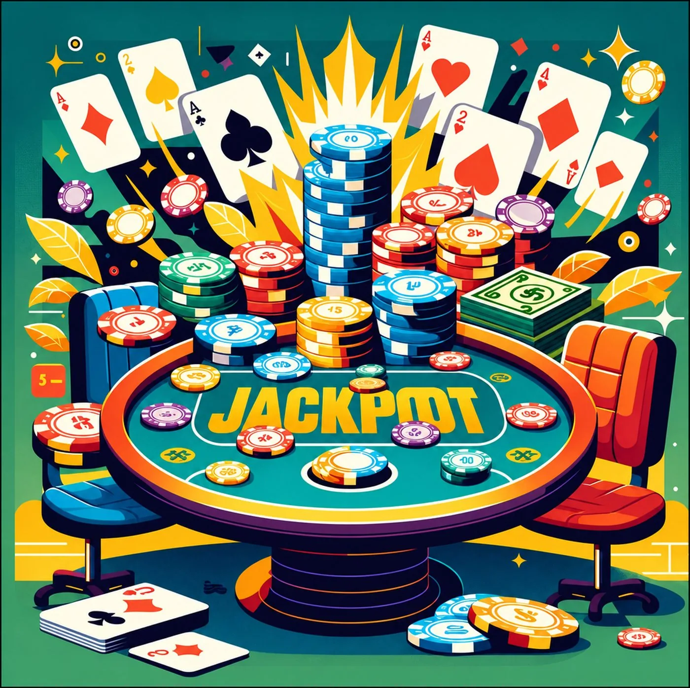 Illustration av ett pokerbord med stora staplar spelmarker och spelkort