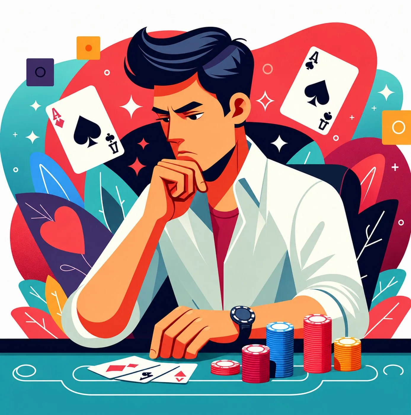 Illustrerad pokerspelare som koncentrerat funderar vid ett spelbord med marker och kort