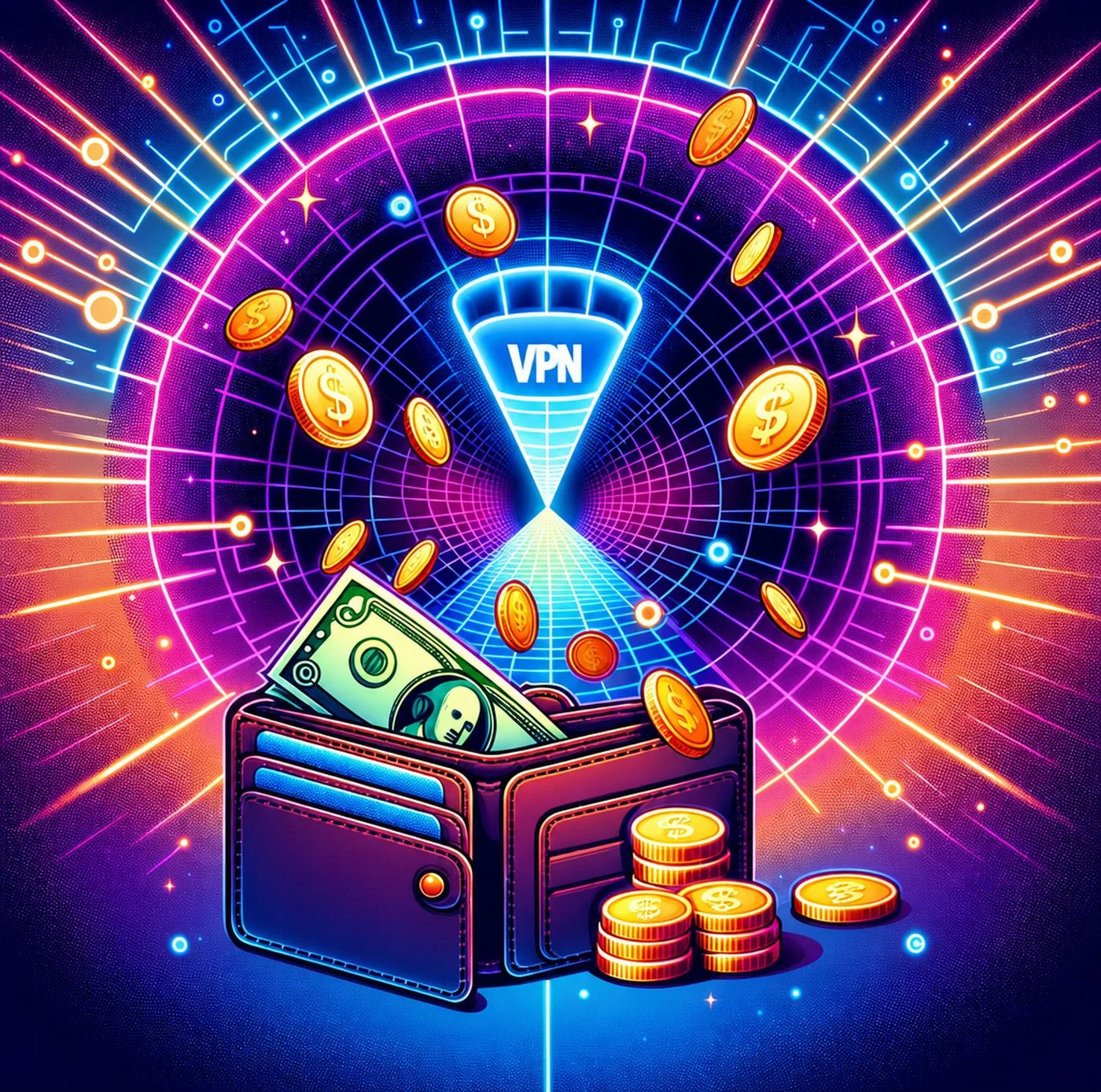 Plånbok med pengar framför en neonfärgad digital VPN-symbol