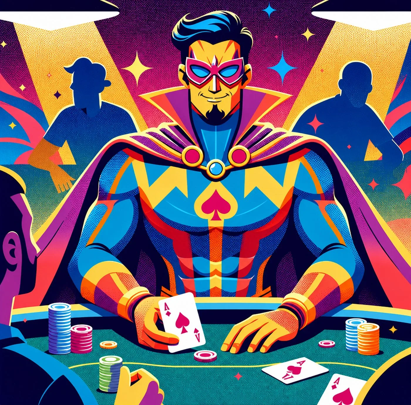 Färgstark superhjälte vid ett pokerbord med spelmarker och ess