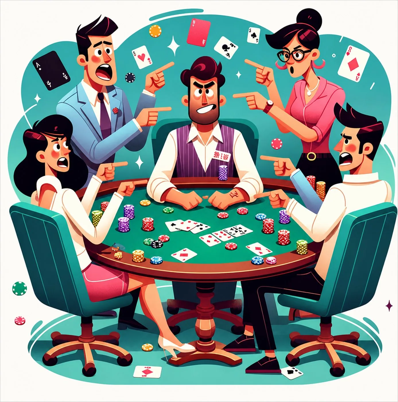 Fyra pokerspelare vid ett bord som anklagande pekar på en central person