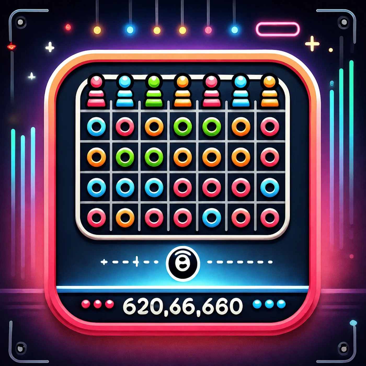 Färgstark illustration av ett digitalt Plinko-spel med neonljus och siffror
