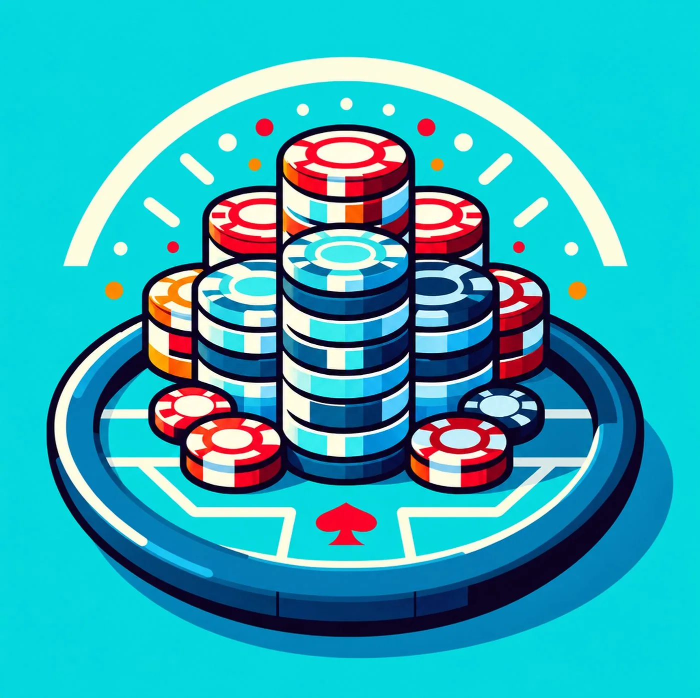 Staplar av färgglada pokermarker på ett spelbord med en spadersymbol