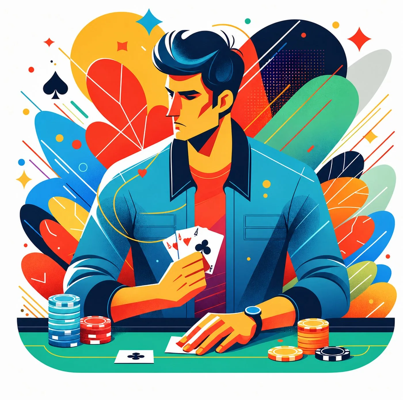 Färgglad illustration av en man som spelar poker vid ett spelbord