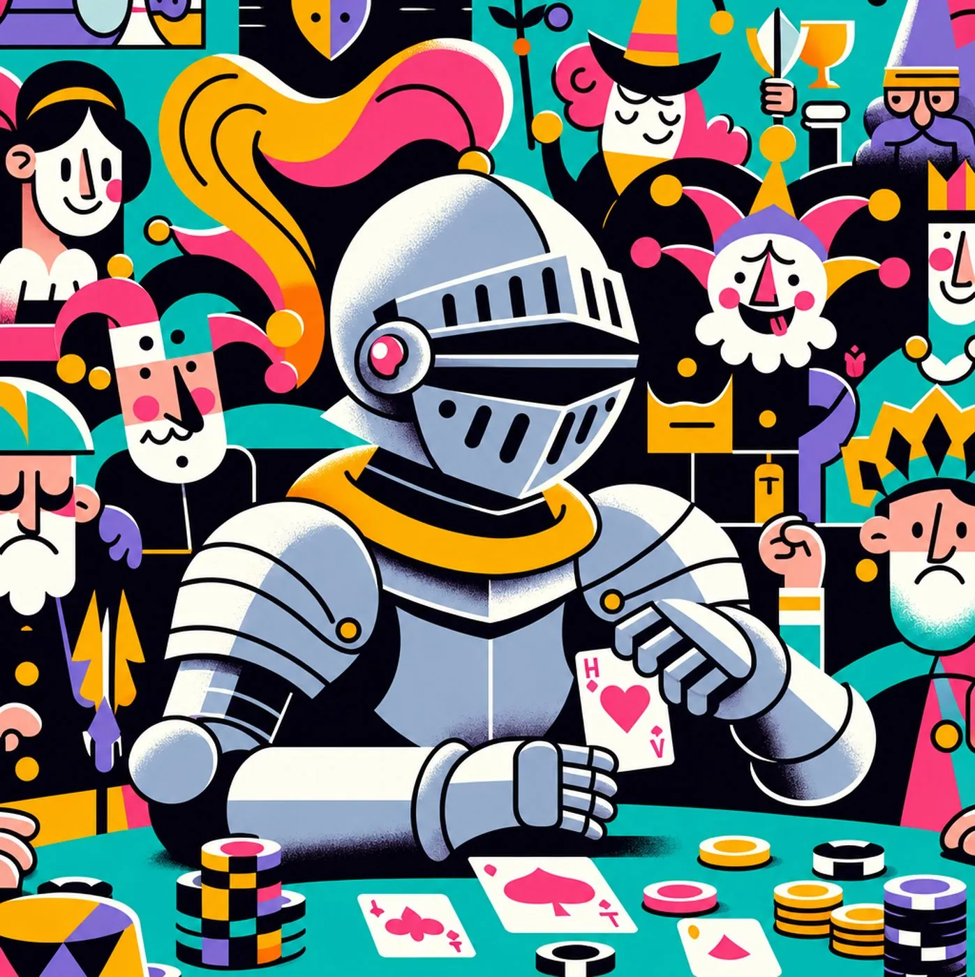 En riddare i rustning spelar poker omgiven av färgglada figurer