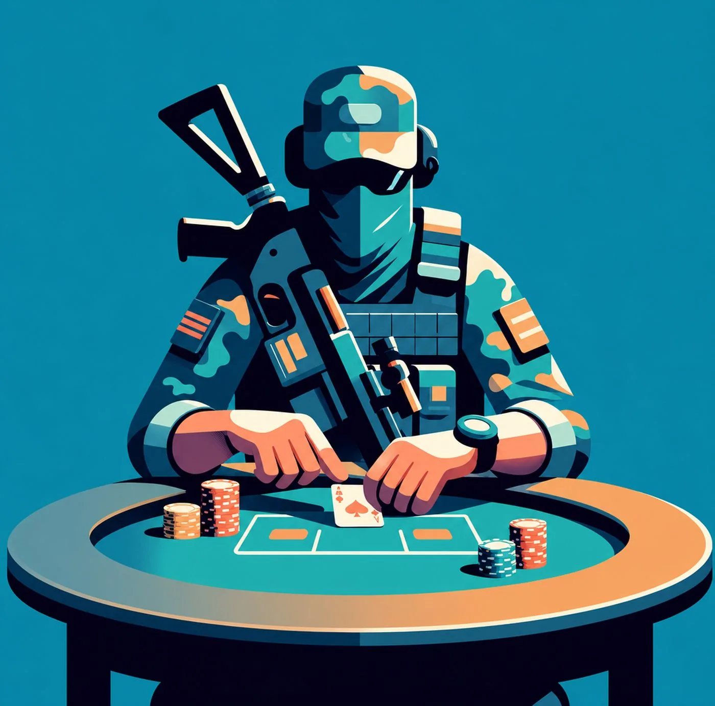 En maskerad soldat med gevär som spelar poker vid ett spelbord