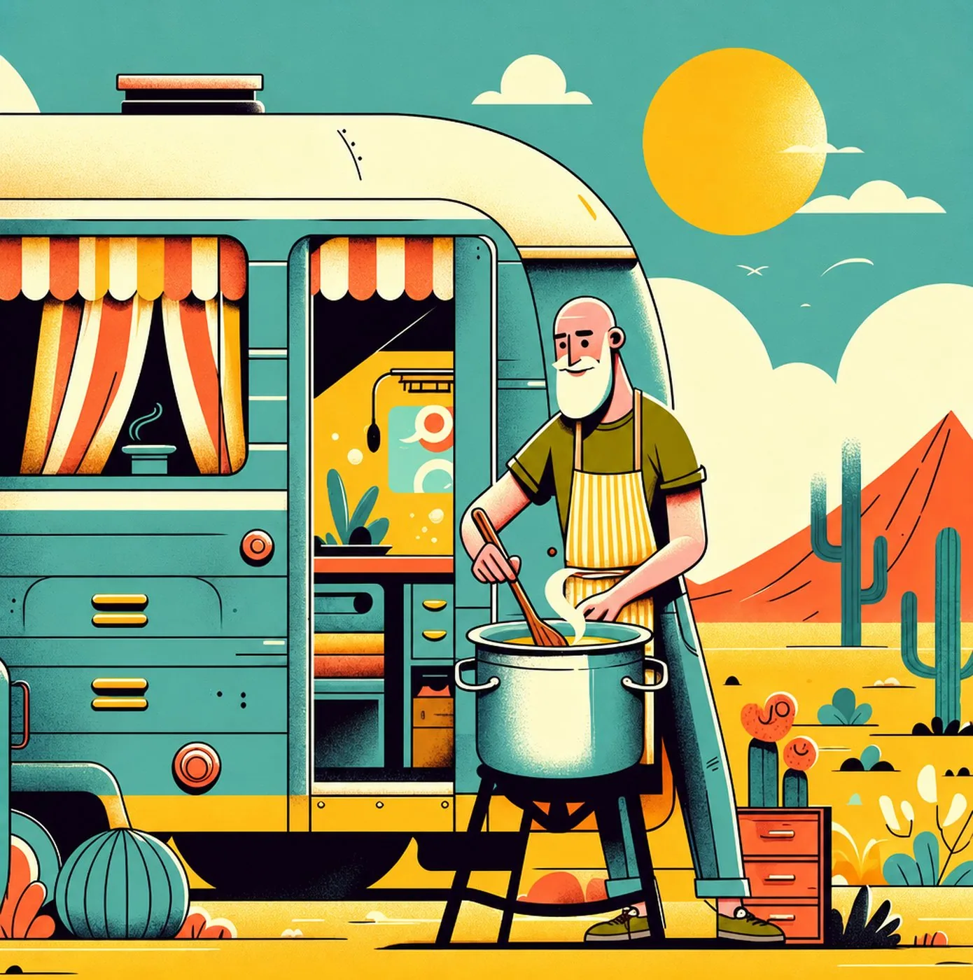 Illustration av skäggig man som lagar mat vid en husbil i ökenlandskap