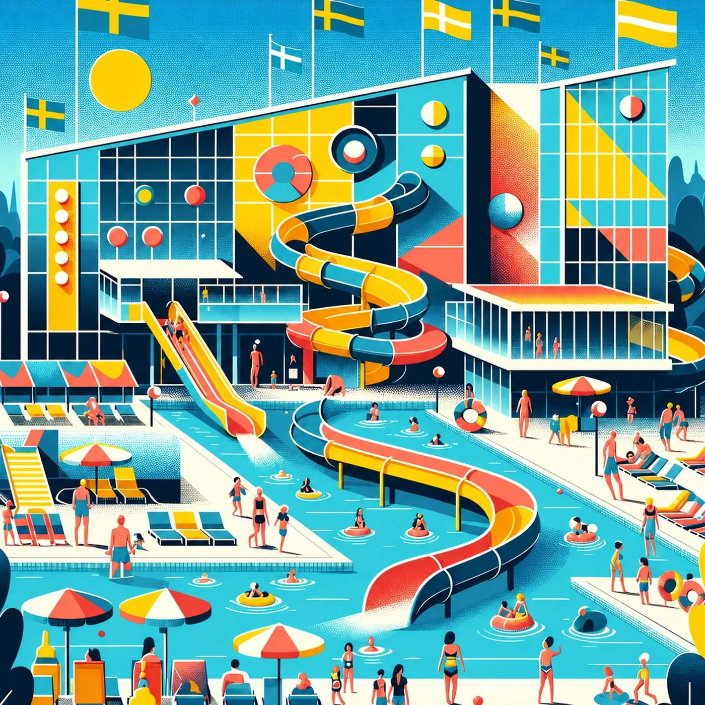 Färgstark illustration av ett stort vattenland med vattenrutschkanor och badande människor