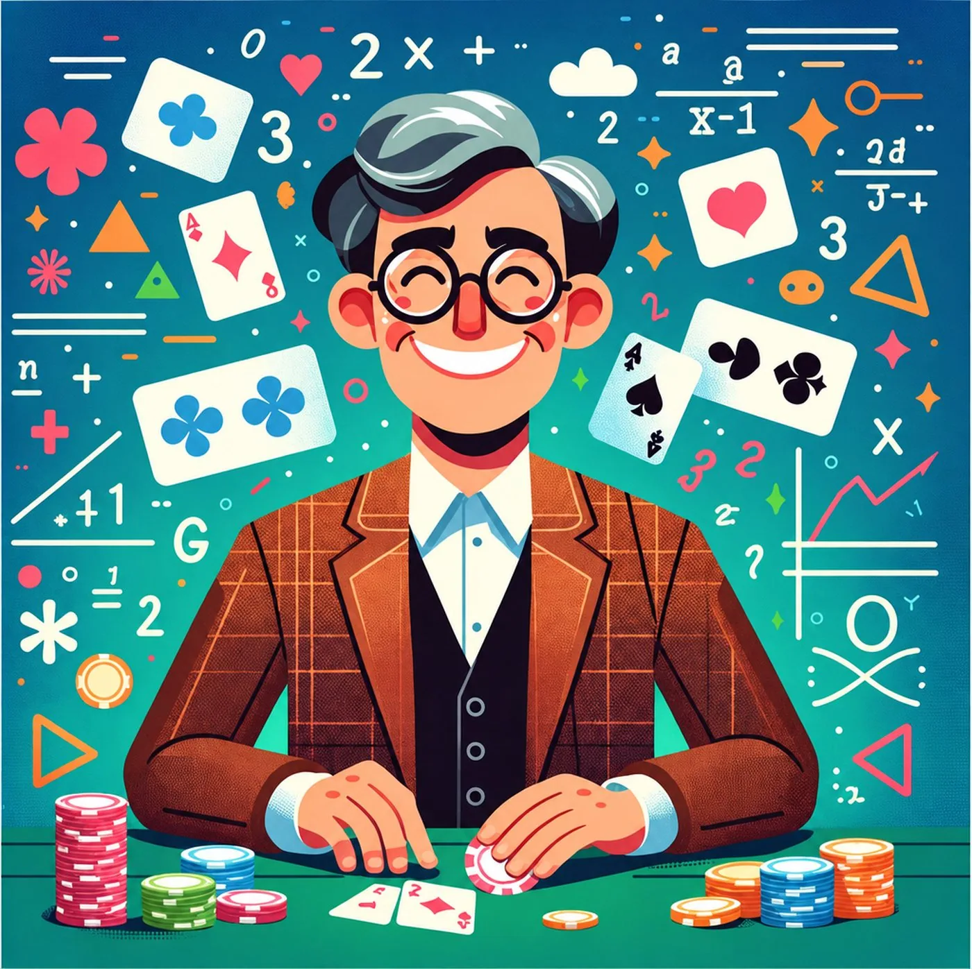 Glad man i kostym sitter vid ett pokerbord omgiven av matematiska symboler