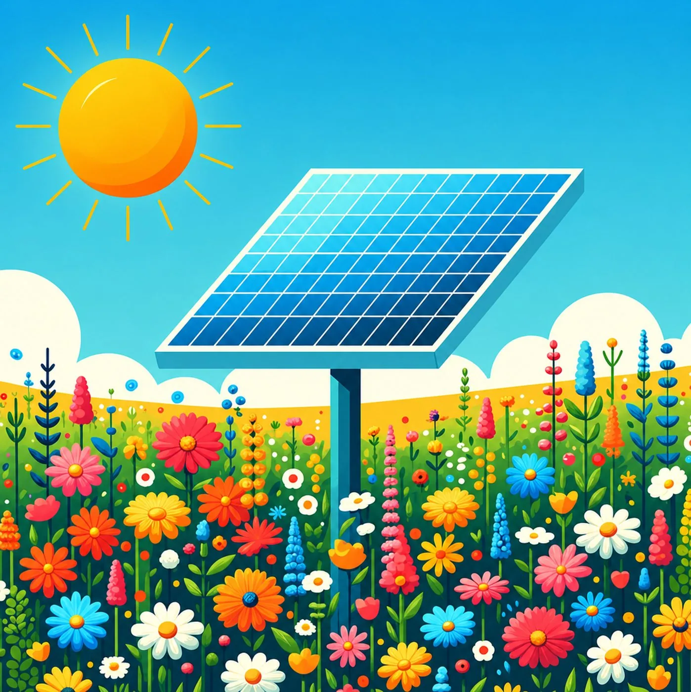En ensam solpanel på stativ i en blomstrande sommaräng med strålande sol