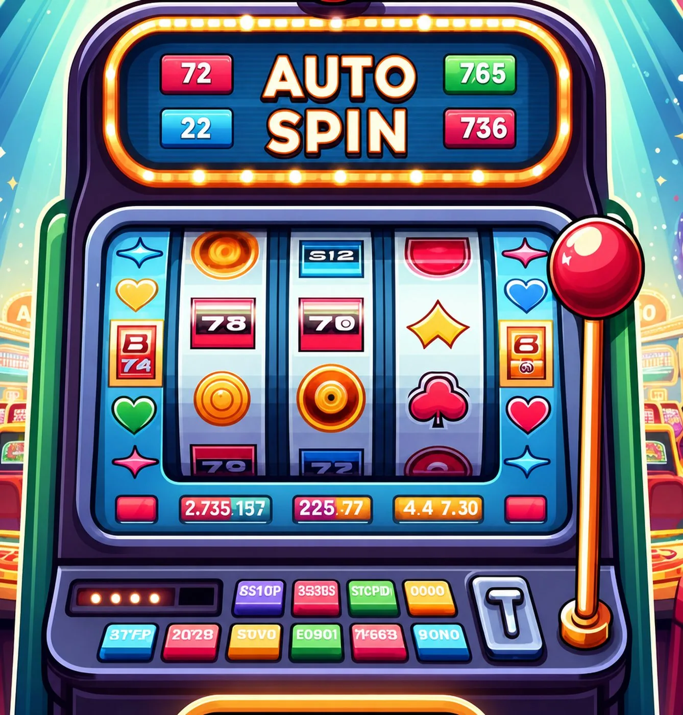 En färgglad spelautomat med texten Auto Spin och olika symboler på hjulen
