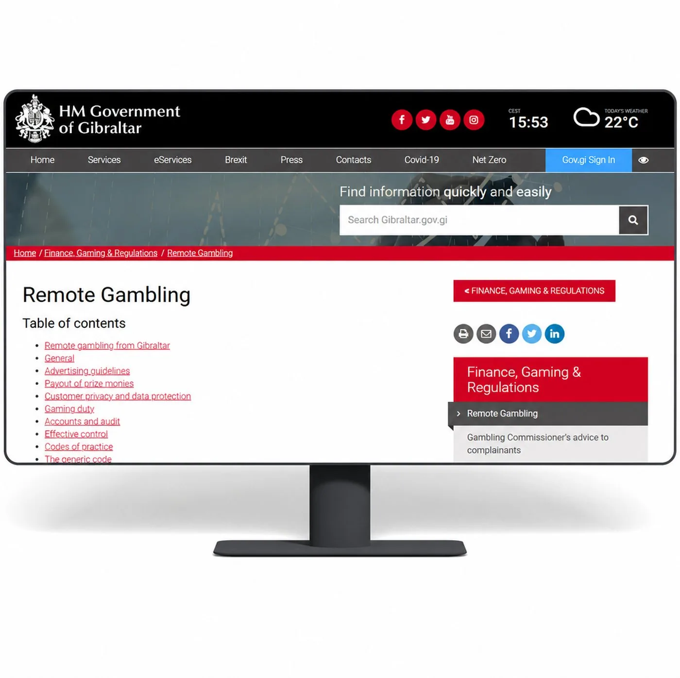 Datorskärm som visar Gibraltars officiella webbsida för reglering av onlinespel
