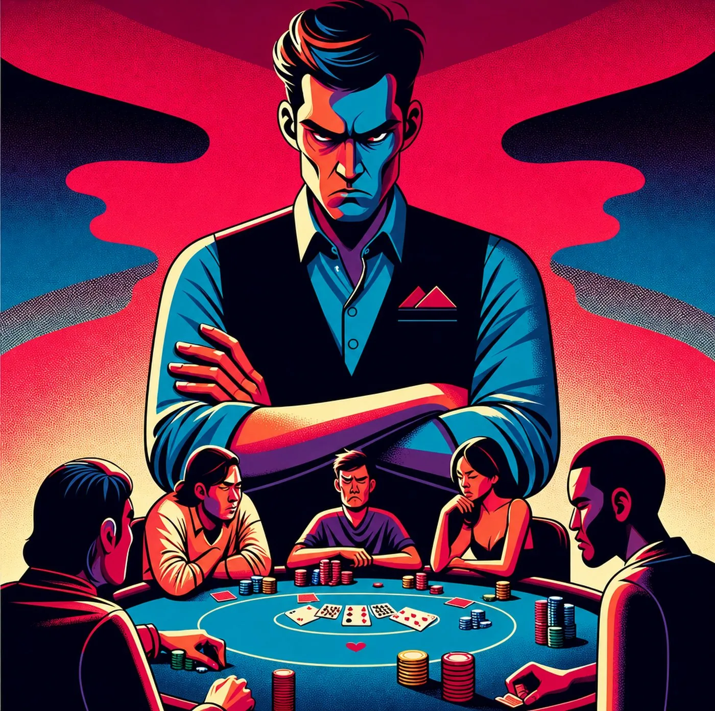 En intensiv pokerturnering med en stor, stoisk figur som vakar över spelarna
