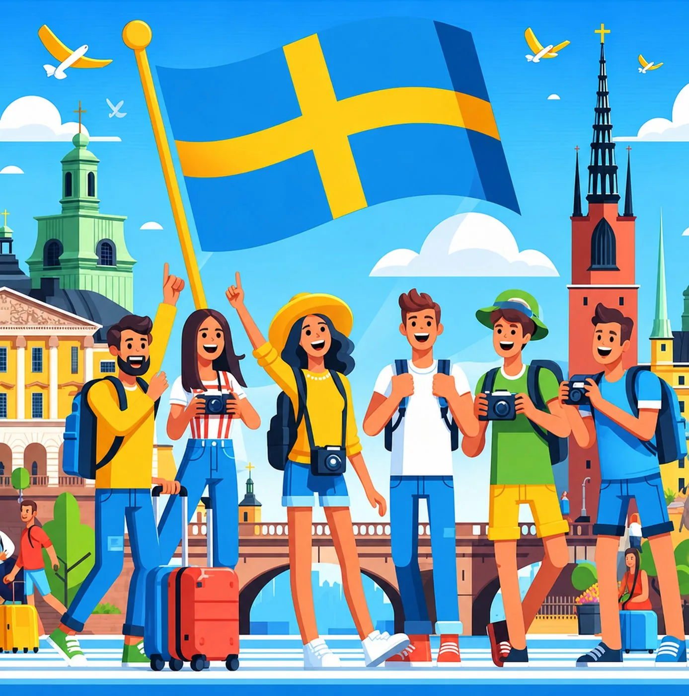 Glad grupp turister framför stockholmska landmärken med svensk flagga