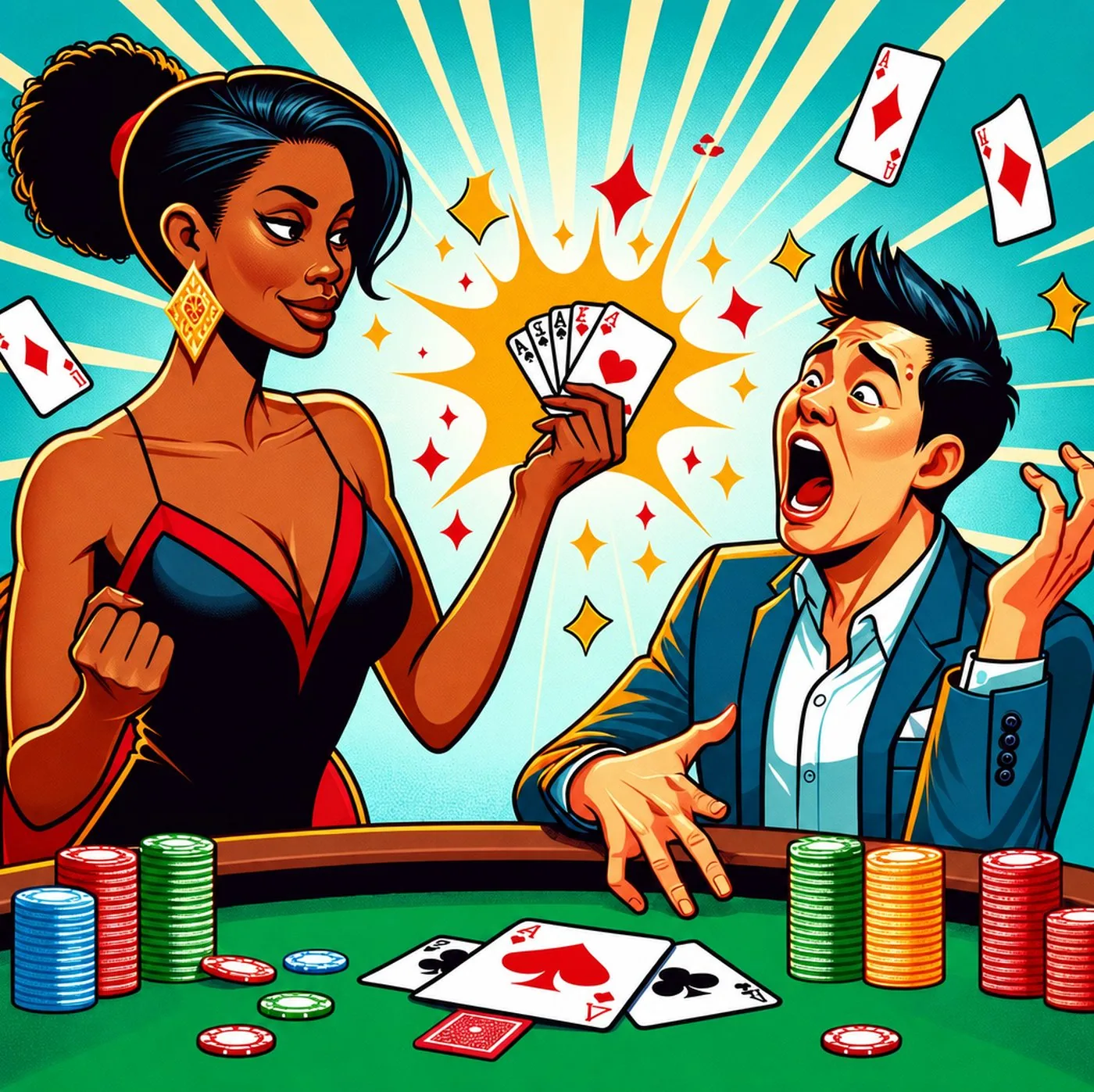Kvinna visar en pokerhand av ess för en chockad man vid ett spelbord