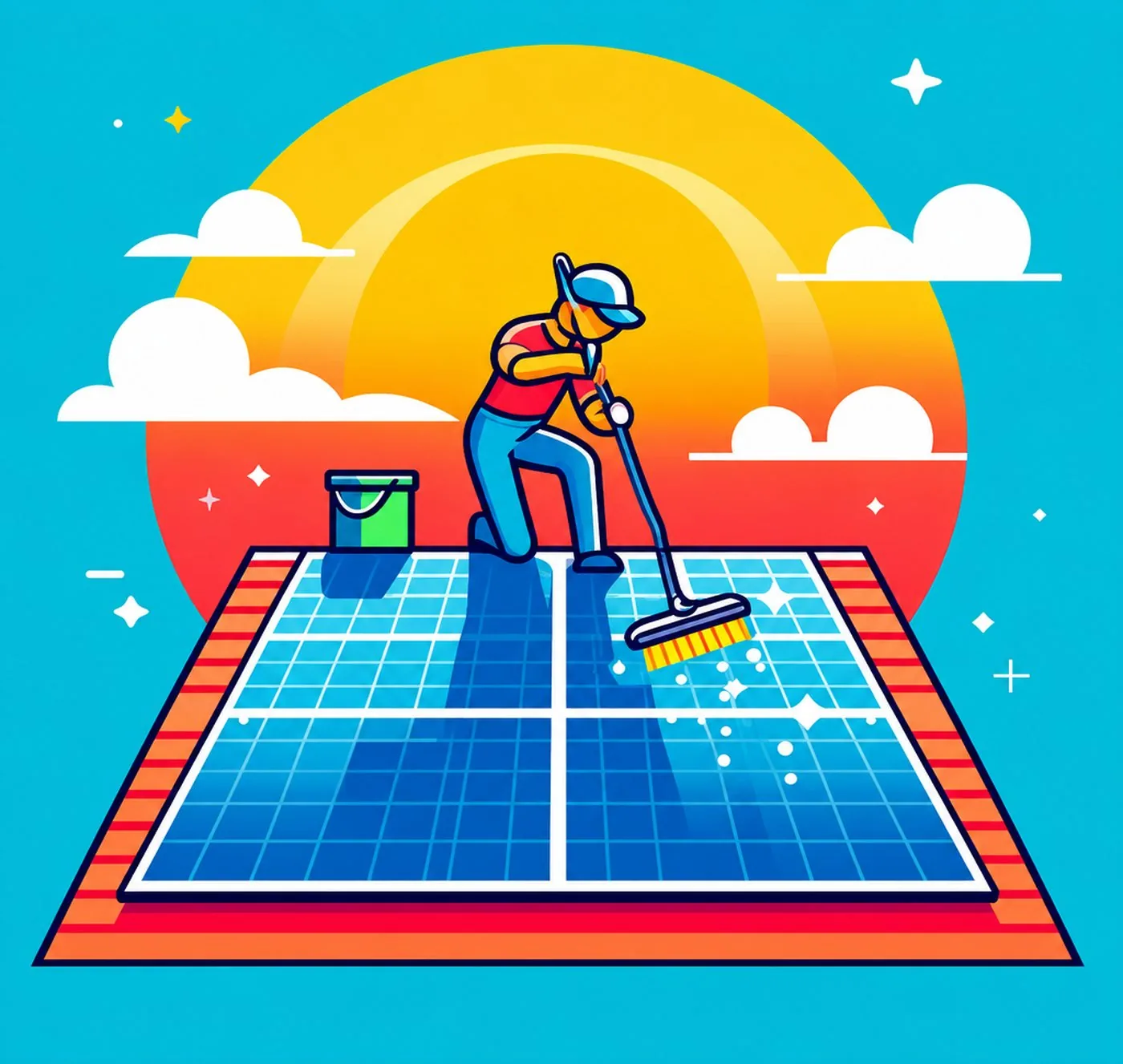 Illustration av person som tvättar solpaneler på ett tak under en solig dag