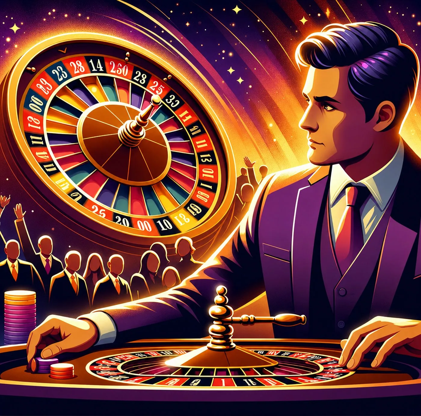 Elegant man i kostym som placerar spelmarker vid ett rouletthjul på ett casino