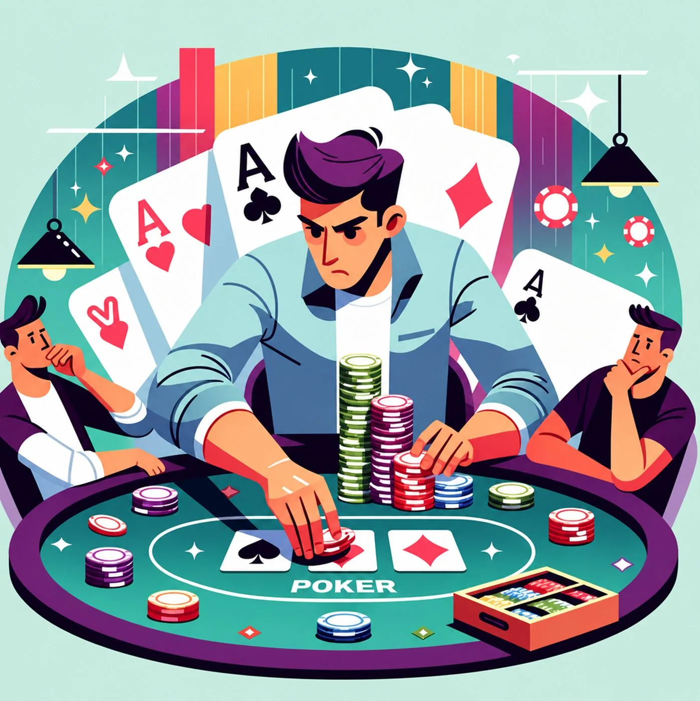 illustration av pokerspelare vid bord med marker och ess i bakgrunden