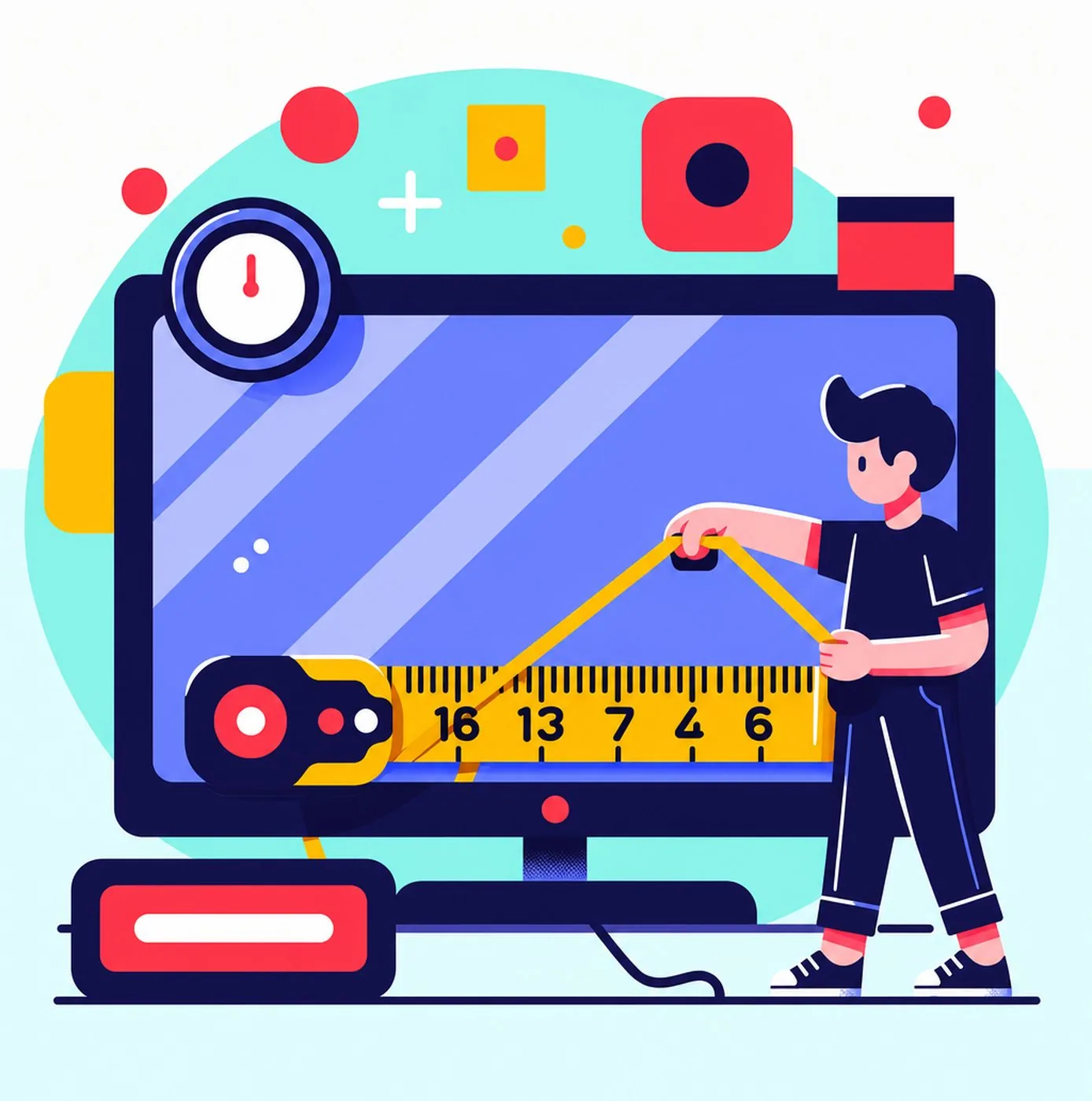 Illustration av person som mäter en datorskärm med ett måttband