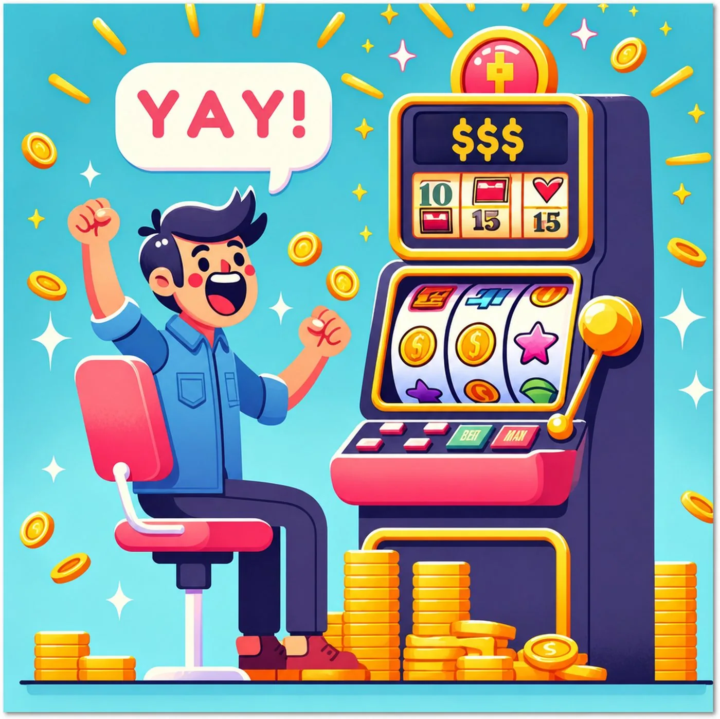 Glad person firar vinst vid en spelautomat omgiven av guldmynt