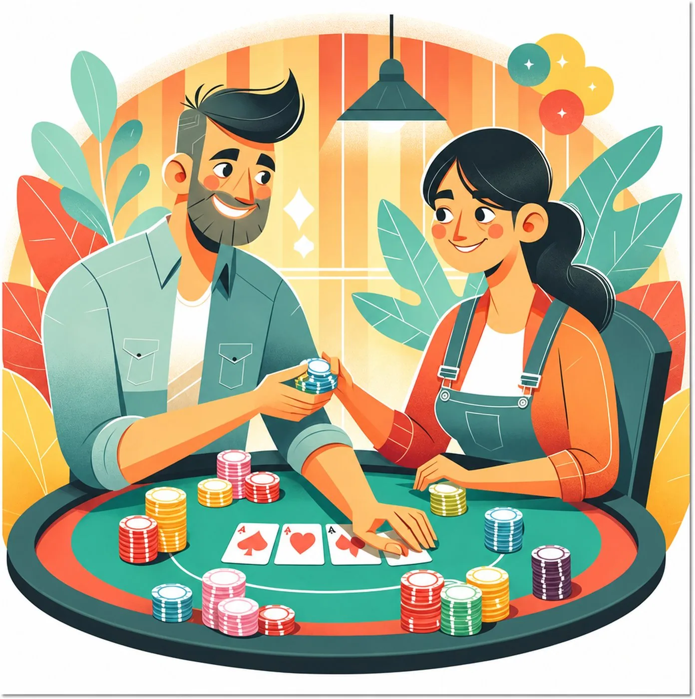 Illustration av man och kvinna som spelar poker vid ett spelbord