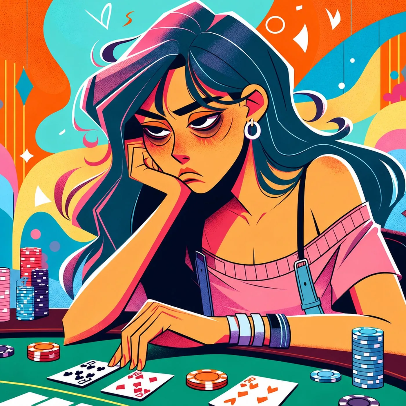 Illustration av en utmattad pokerspelare som sitter vid ett spelbord med marker
