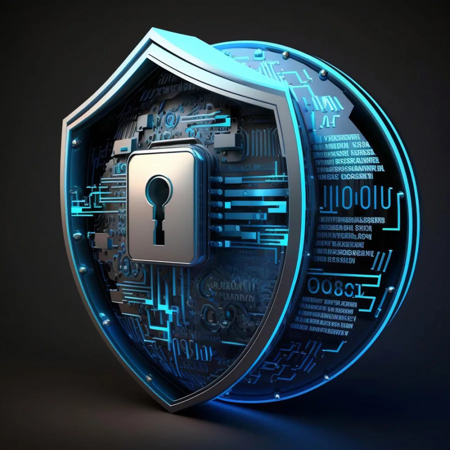 Digitalt sköldemblem med lås och lysande kretskortsmönster som symbol för cybersäkerhet