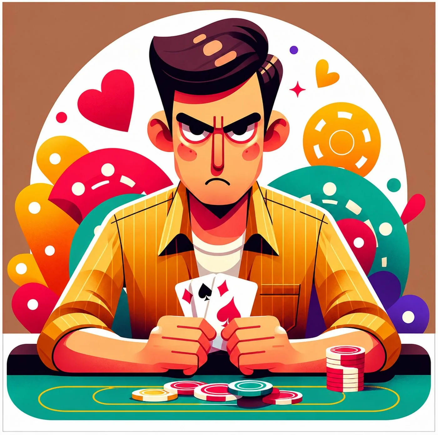 Illustration av en frustrerad pokerspelare med kort vid ett spelbord