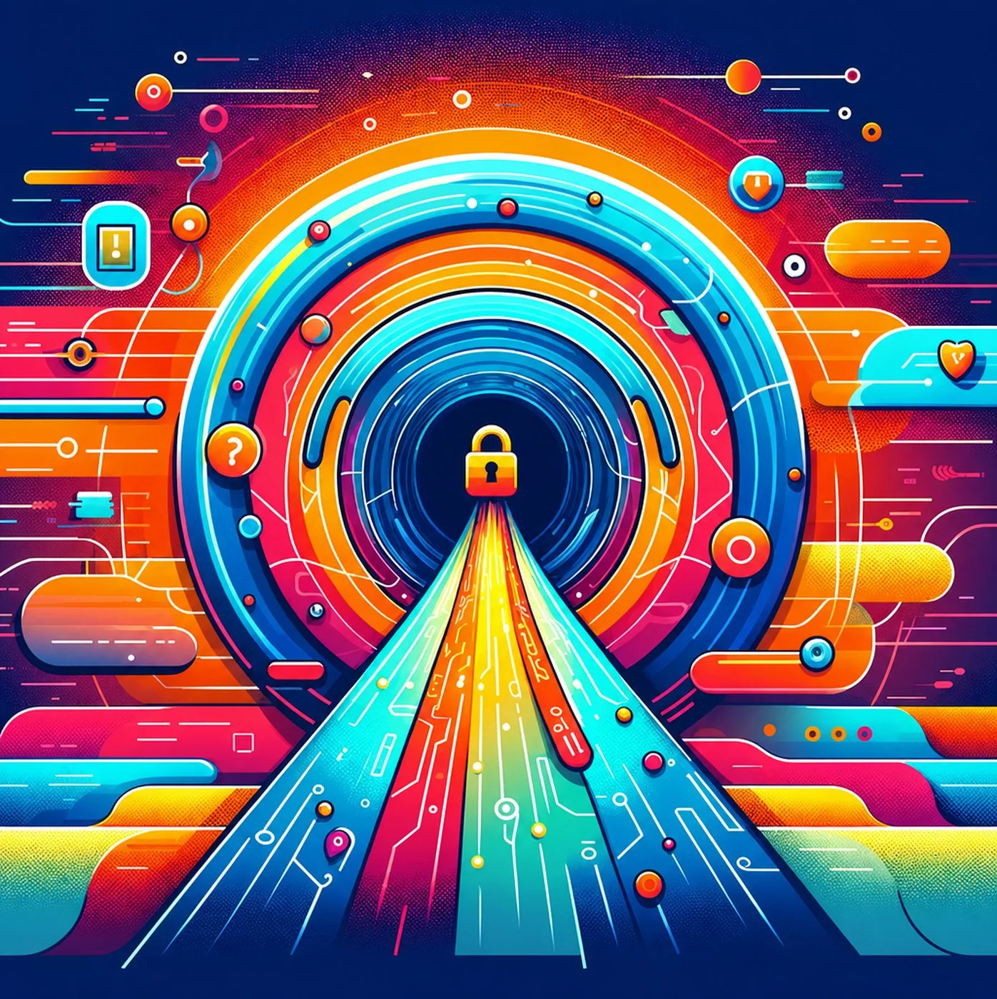 Färgglad illustration av ett hänglås i en digital tunnel för datasäkerhet