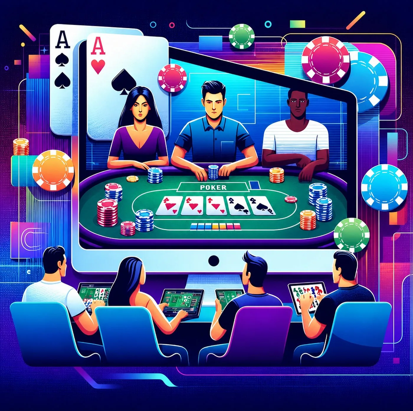 Människor som spelar onlinepoker på sina skärmar med färgglad grafik