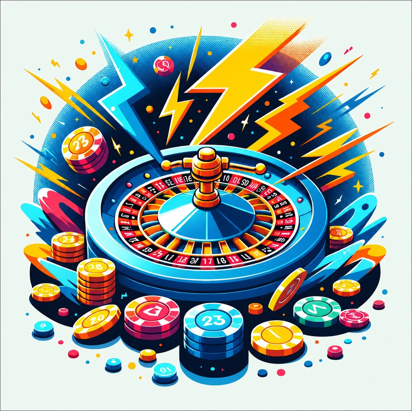 Färgglad illustration av ett rouletthjul omgivet av spelmarker och blixtar