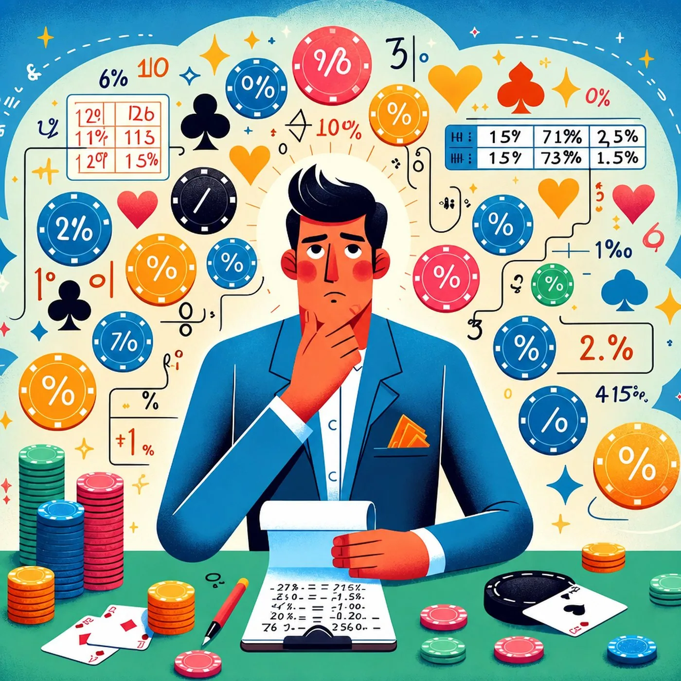 Man i kostym funderar vid ett pokerbord omgivet av spelmarker och matematiska sannolikhetssymboler