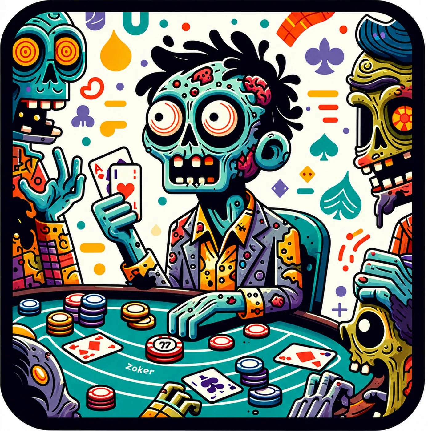 Färgglad illustration av zombies som sitter runt ett spelbord och spelar poker