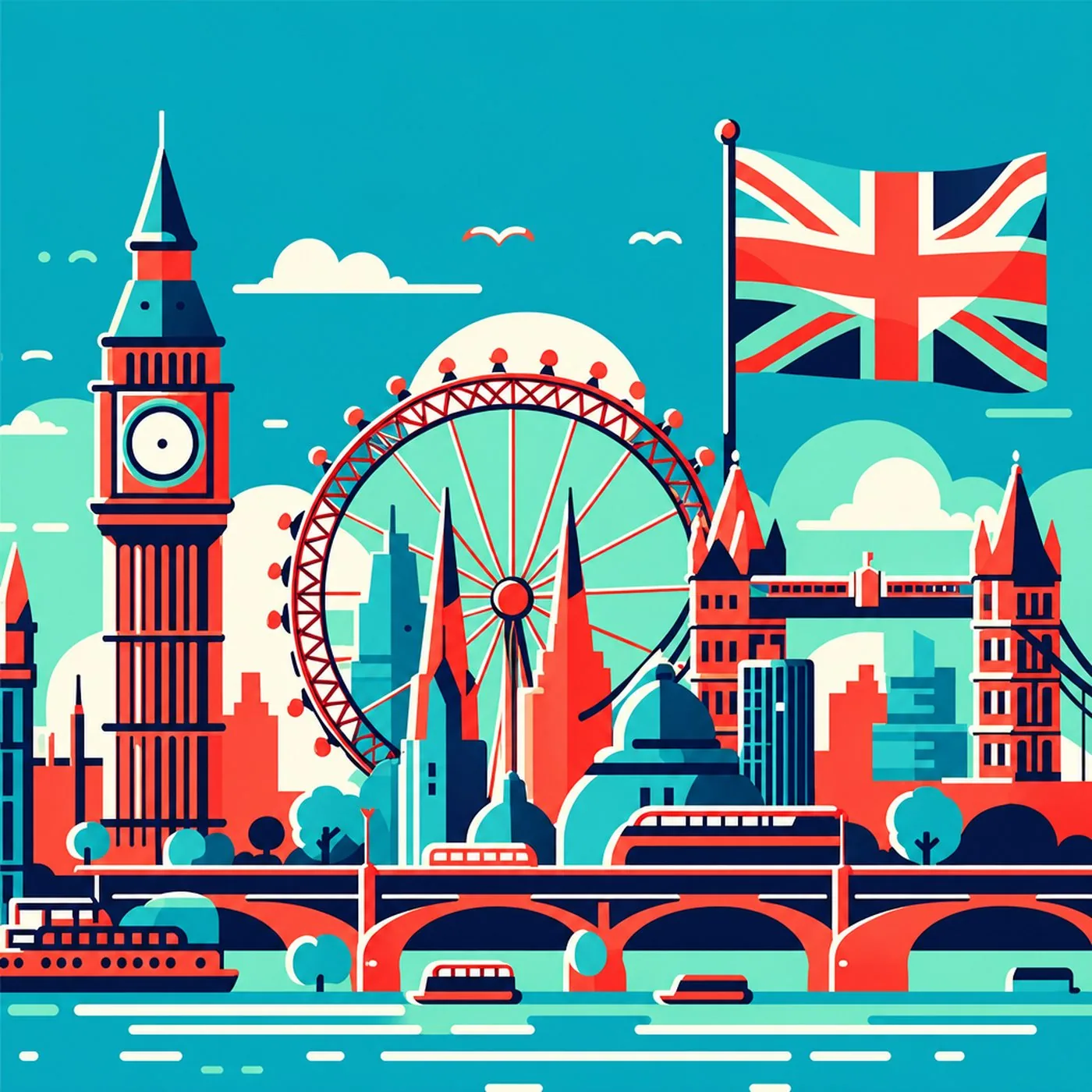 Illustration av Londons kända landmärken med en brittisk flagga som vajar i vinden
