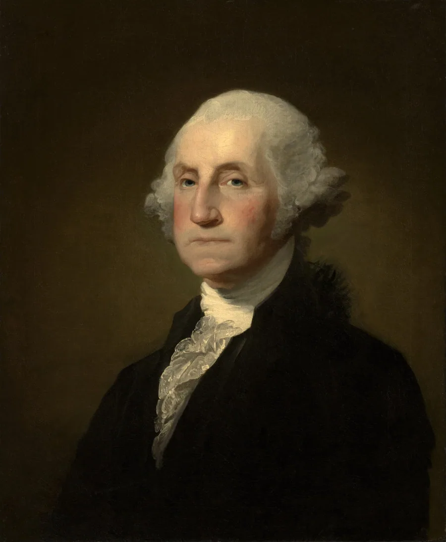 Klassiskt porträtt av George Washington med pudrad peruk mot mörk bakgrund