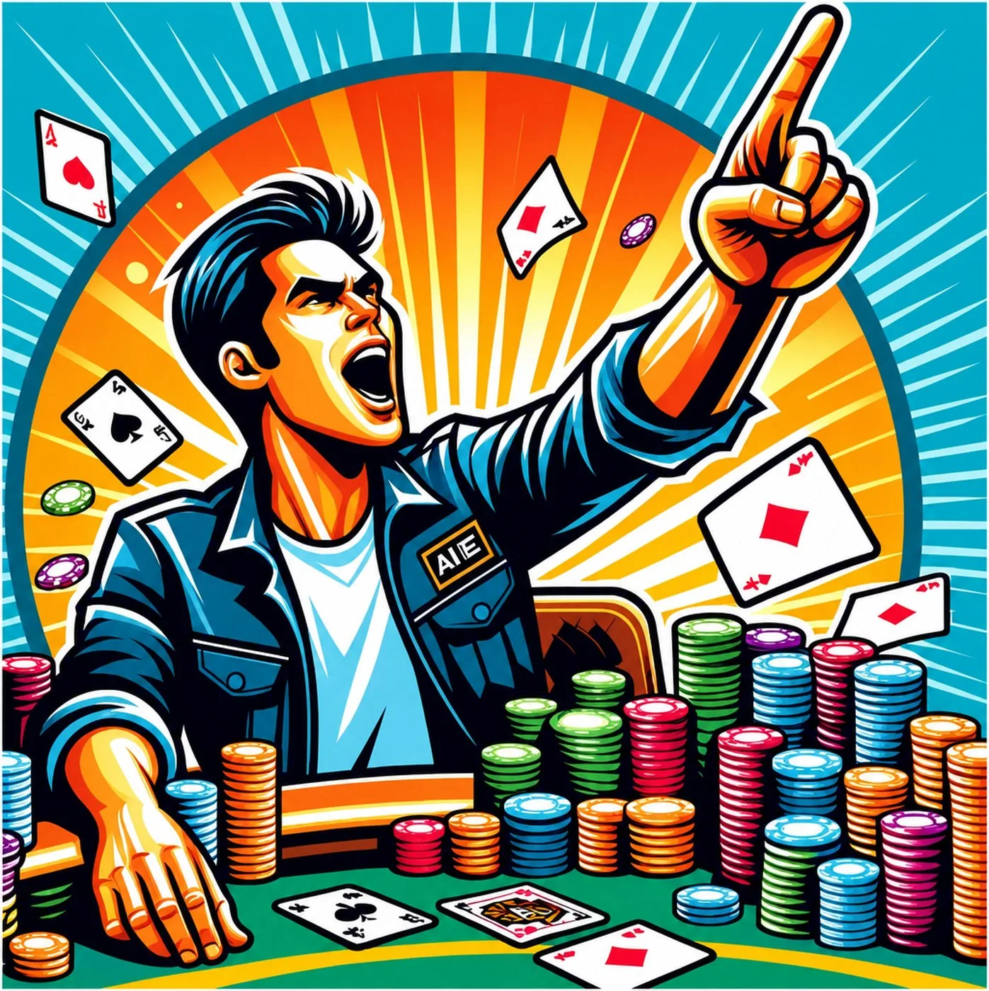 En glad pokerspelare pekar uppåt med stora staplar av marker framför sig