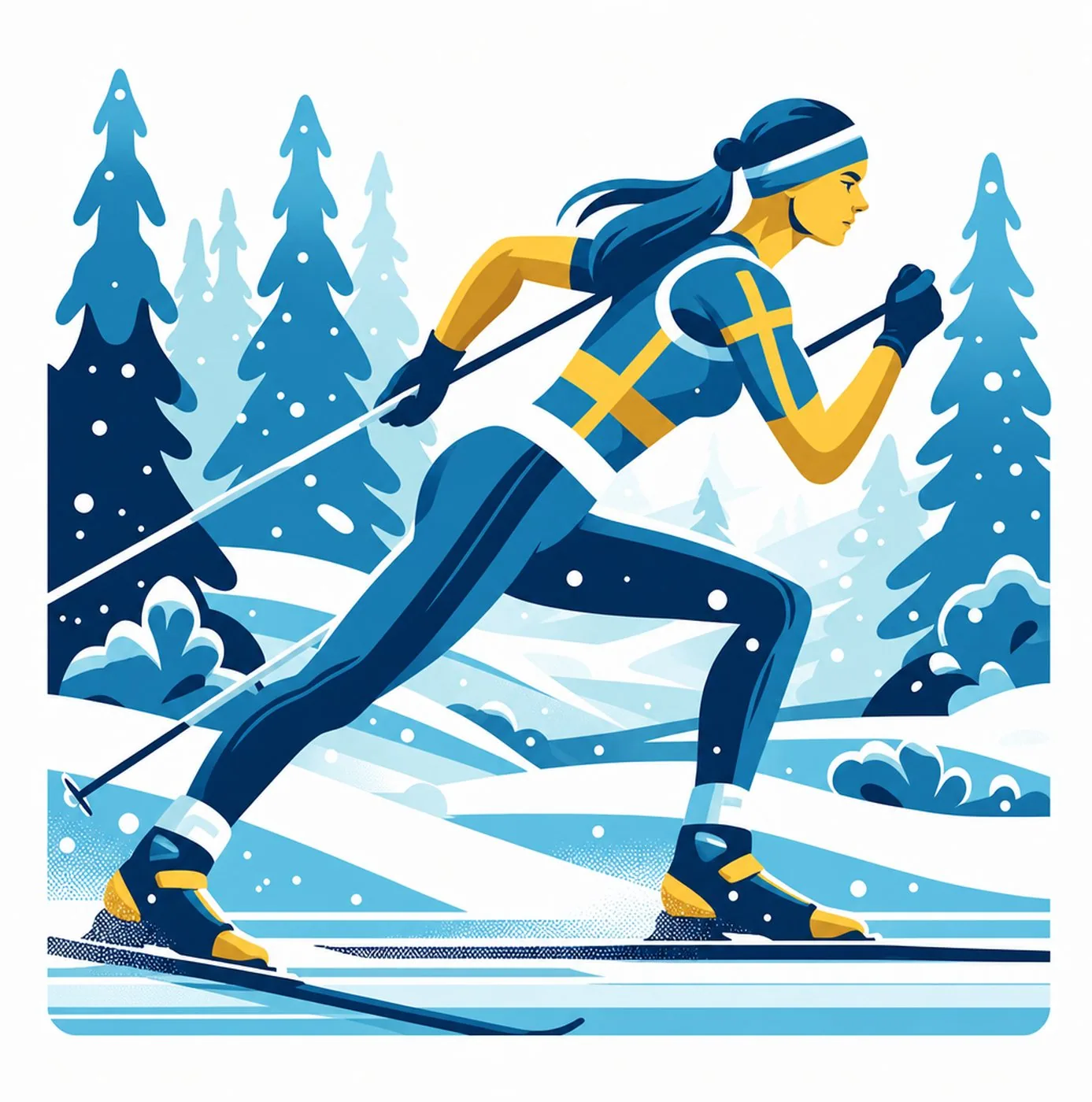 Illustration av en längdskidåkare i svensk landslagsdräkt i ett snöigt vinterlandskap