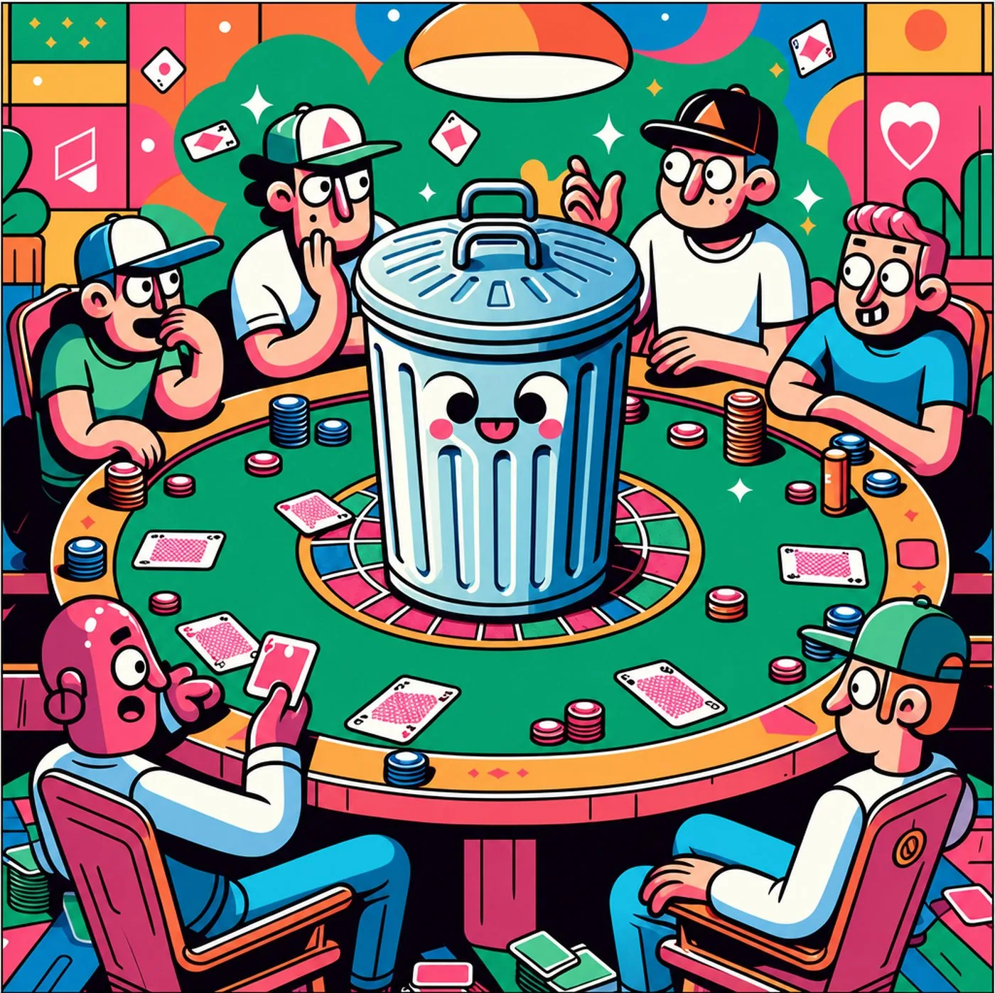 En glad papperskorg står mitt på ett pokerbord omgiven av spelare